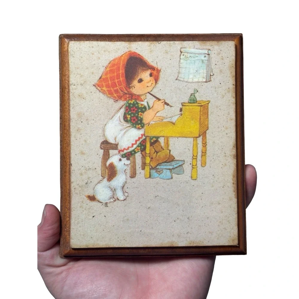 Vintage 1970s Wood Plaque Girl at Writing Desk with Dog Wall Decor